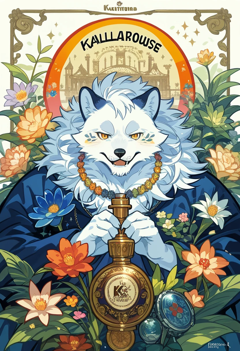 cover page, Perfume poster, kaleidoscope, rzminjourney, vector-art, High-quality illustrations by Alfons Mucha, masterpiece(kemono, furry anthro)logo mark, round, colorful flower,