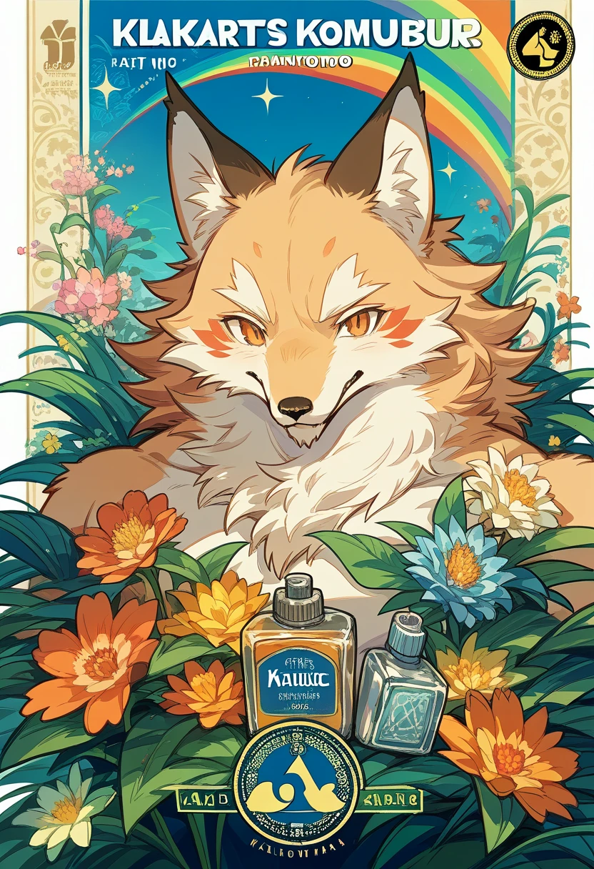 cover page, Perfume poster, kaleidoscope, rzminjourney, vector-art, High-quality illustrations by Alfons Mucha, masterpiece(kemono, furry anthro)logo mark, round, colorful flower,