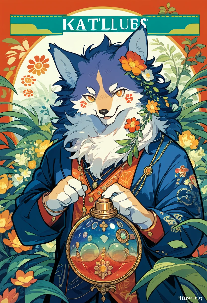 cover page, Perfume poster, kaleidoscope, rzminjourney, vector-art, High-quality illustrations by Alfons Mucha, masterpiece(kemono, furry anthro)logo mark, round, colorful flower,