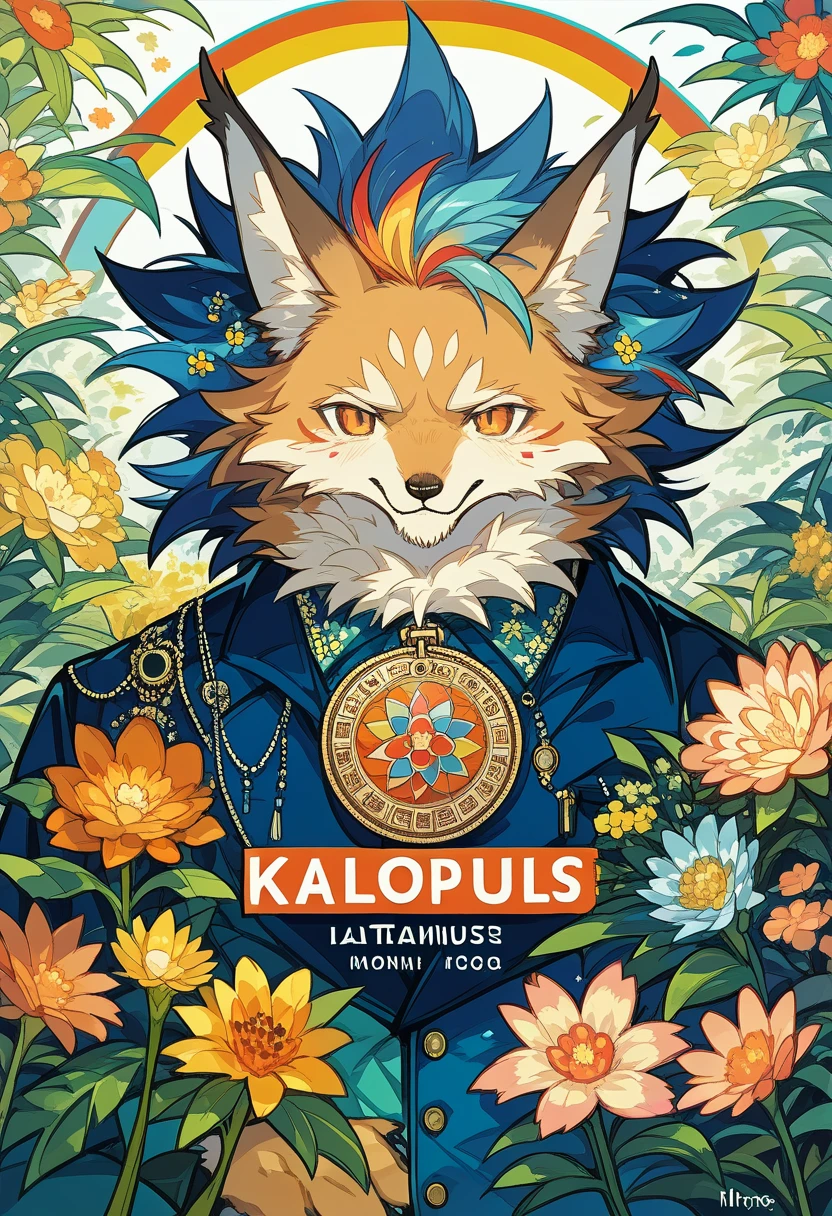cover page, Perfume poster, kaleidoscope, rzminjourney, vector-art, High-quality illustrations by Alfons Mucha, masterpiece(kemono, furry anthro)logo mark, round, colorful flower,