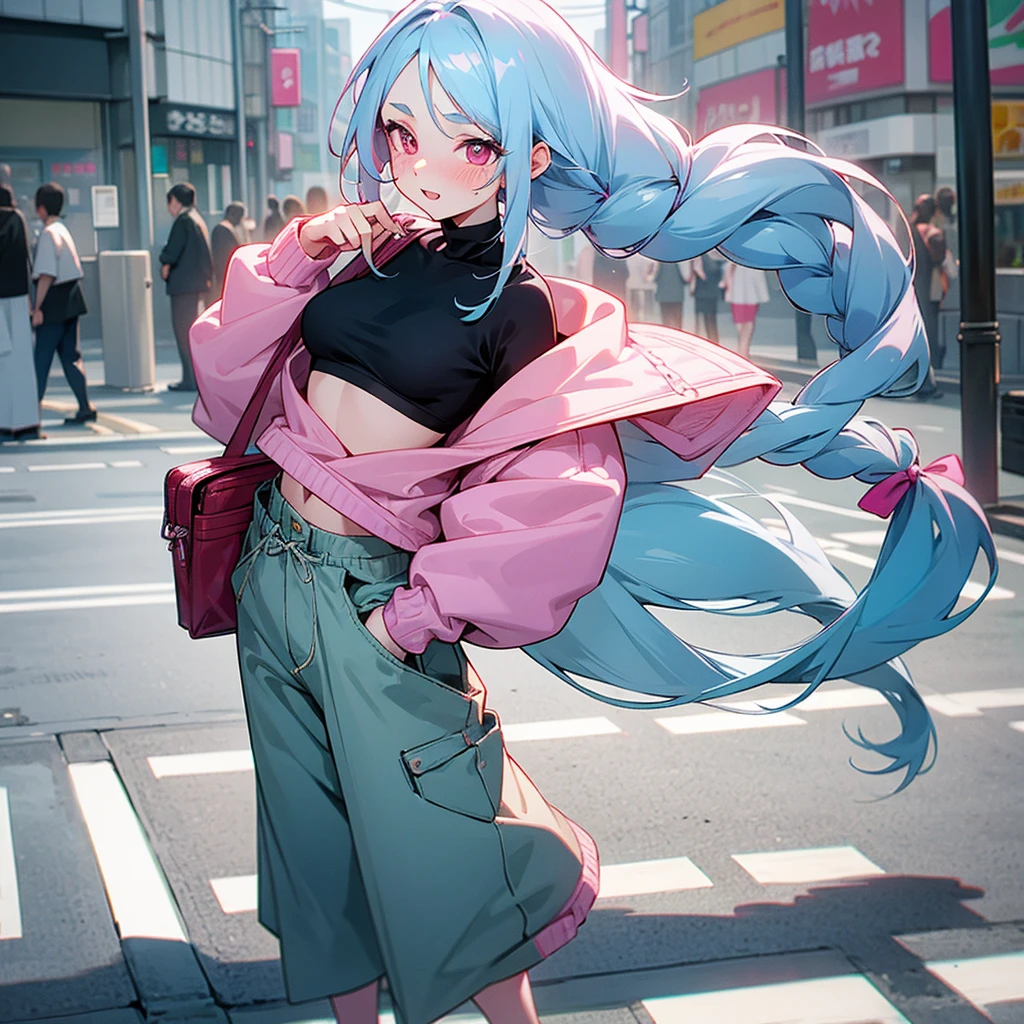1female, sexy, young teen, finely detailed pink eyes, wild long hair, braided hair, pale blue hair color, crop top sweater, baggy pants, standing on streets, day time, tokyo streets, excited expression, flowers, blushing
