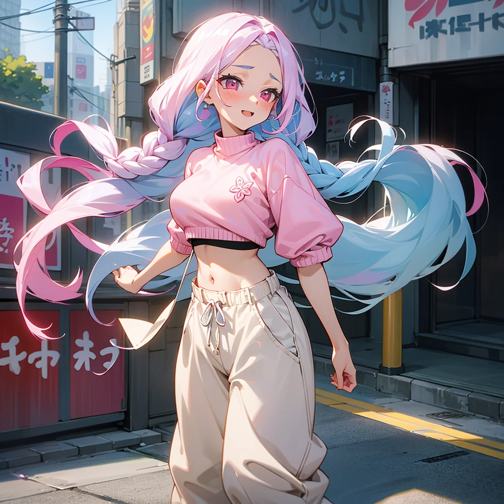 1female, sexy, young , finely detailed pink eyes, wild long hair, braided hair, pale blue hair color, crop top sweater, baggy pants, standing on streets, day time, tokyo streets, excited expression, flowers, blushing