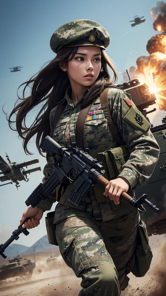 “Wallpaper featuring a glamorous woman in camouflage uniform and beret, with long brown hair tied back. Her face is dirty, and she is holding a machine gun with both hands, running through a battlefield. The background includes a tank, with fighter jets flying in the sky. The image should be highly detailed and cinematic.”