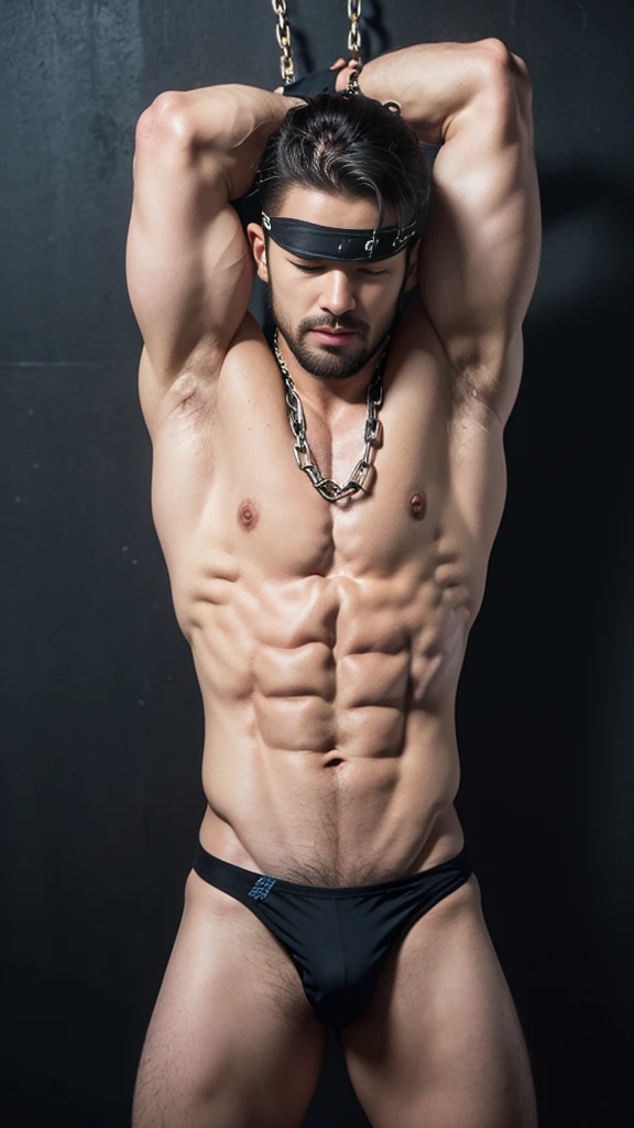 (8k, original photo, best quality，Half body photo) ,, ((( 25-year-old muscular blindfolded men, hands tied up backward with iron chain)))，standing，shirtless,Shirtless muscular man，blush，Shy expression，Mouth slightly open，Armpit Hair, micro thong ,pubic hair，(wearing t-shirt torn:1.5) , hands are tied up backward with iron chain connected to wall，，a Asian muscular bodybuilding champion ,(((no cheast hair)))，((( black wall background)))，handsome man,Real human skin is smooth and delicate，delicate skin，Large nipples，Eyes and eyelashes are very detailed, muscular man, Manliness, male, Expose chest muscles, male love model, muscular, digital SLR, Super quality, XT3, crystal clear, 8k ultra high definition, high detail, Super real photos, (Realistic skin), ((pores)), ((high detail skin)), Volumetric light, groin, far, Complex 3D visualization, high detail,Real human skin ((Correct body structure)), (((correct anatomy))),(((Forced noise reduction)))