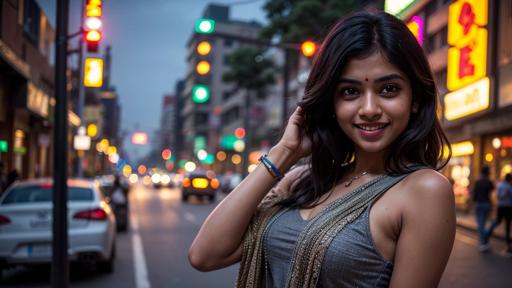 1 indian girl, new delhi street,night, cityscape,city lights,upper body,close-up,smile,, (8k, RAW photo, best quality, masterpiece:1.2),(realistic, photo-realistic:1.37),