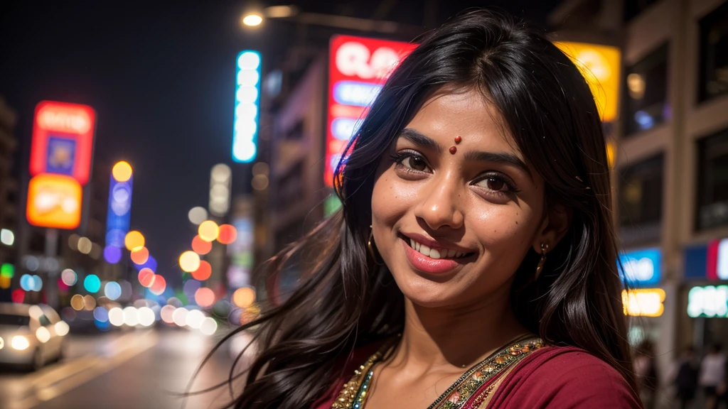 1 indian girl, new delhi street,night, cityscape,city lights,upper body,close-up,smile,, (8k, RAW photo, best quality, masterpiece:1.2),(realistic, photo-realistic:1.37),