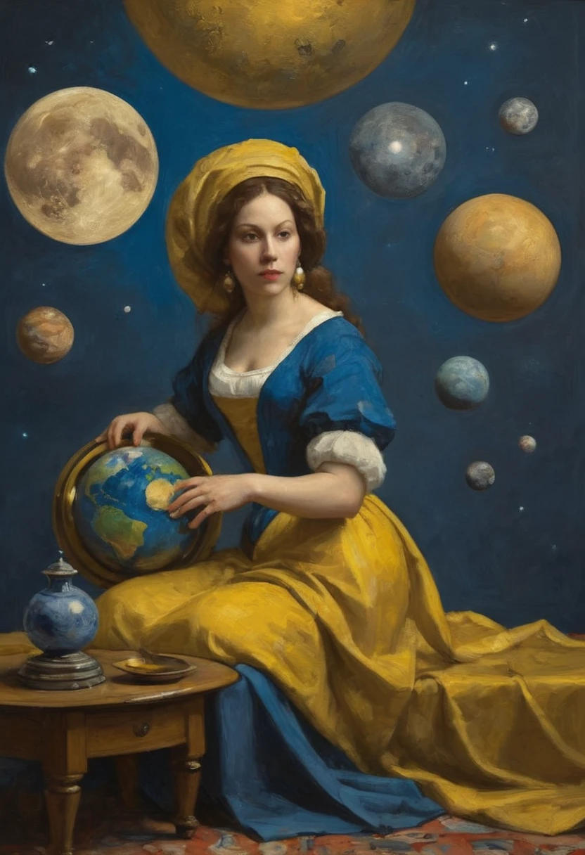 Goddess of illusionary history made out of planet by Johannes Vermeer, oil on canvas, masterwork, trending on artstation, emotive, insanely compelling, ryden, koons, moebius