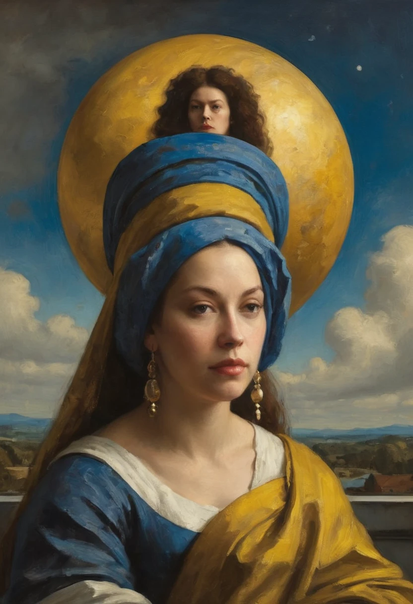 Goddess of illusionary history made out of planet by Johannes Vermeer, oil on canvas, masterwork, trending on artstation, emotive, insanely compelling, ryden, koons, moebius