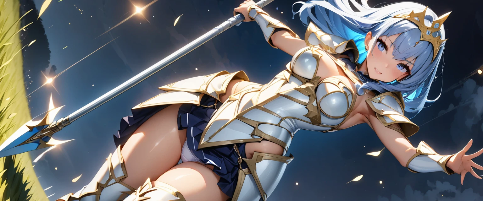 (Perfect Anatomy)、Mastepiece、Ultra High Quality、 8K、masterpiece、Highest quality、Ultra-high resolution、Maximum resolution、Very detailed、Professional Lighting、anime、Adult female、thin、so beautiful、Highly detailed eye、Draw the whole body、Armored Dress, Blue and white armor, , Golden decorated luxury tiara,Golden earrings,Frilly Armor,Light blue hair, blue eyes,White underwear、grassland, equipped with a spear, female spearman, lancer, dynamic angle, dynamic pose