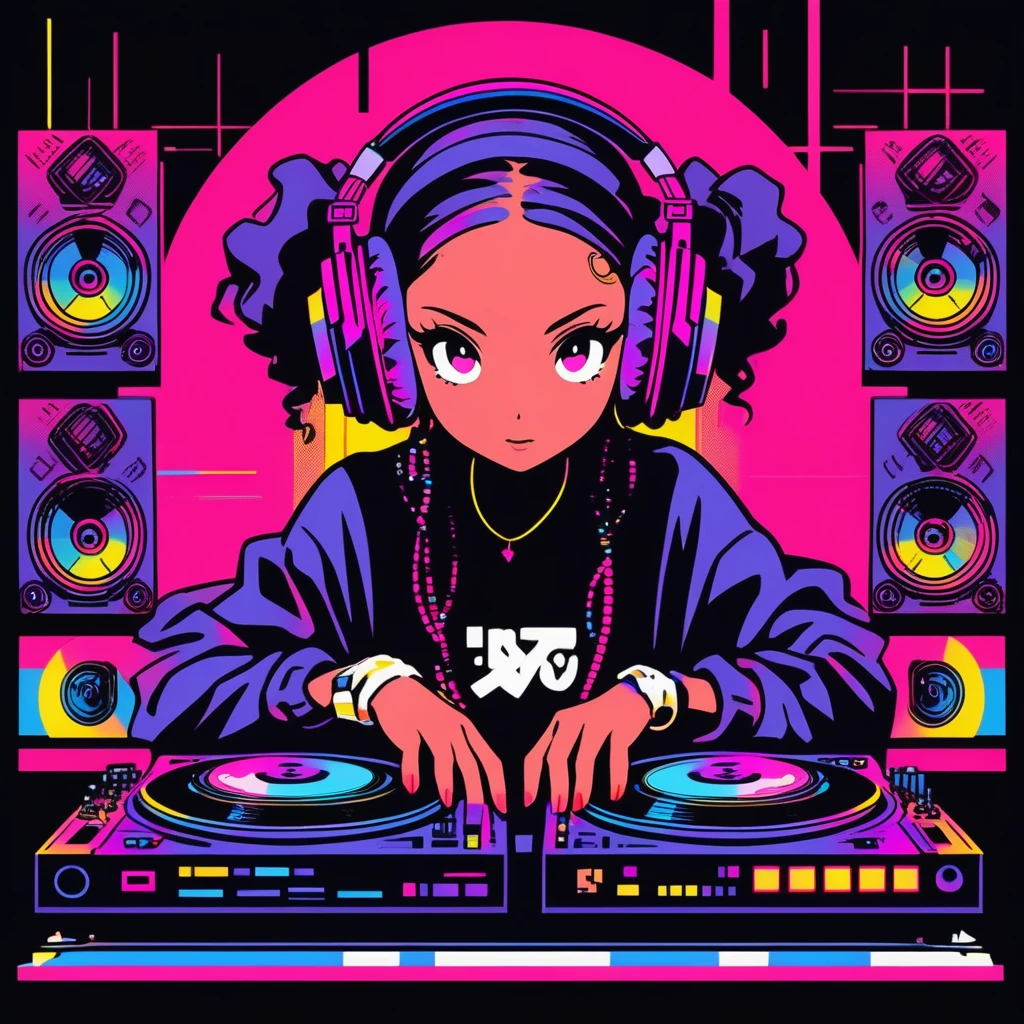 Battle DJ girl in HIPHOP fashion wearing DJ headphones,Front view , Turntablist, DJ Scratch, Two large LED-illuminated speakers on each side, Immerse yourself in a neon-lit environment, In front of her is a music mixer and a turntable.、A record is placed on the turntable,ターンテーブルはTechnics SL-1200MK7, JQBert,