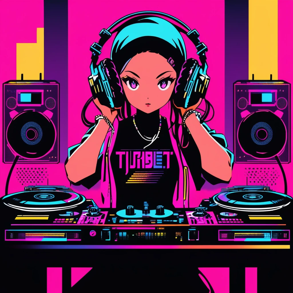 Battle DJ girl in HIPHOP fashion wearing DJ headphones,Front view , Turntablist, DJ Scratch, Two large LED-illuminated speakers on each side, Immerse yourself in a neon-lit environment, In front of her is a music mixer and a turntable.、A record is placed on the turntable,ターンテーブルはTechnics SL-1200MK7, JQBert,