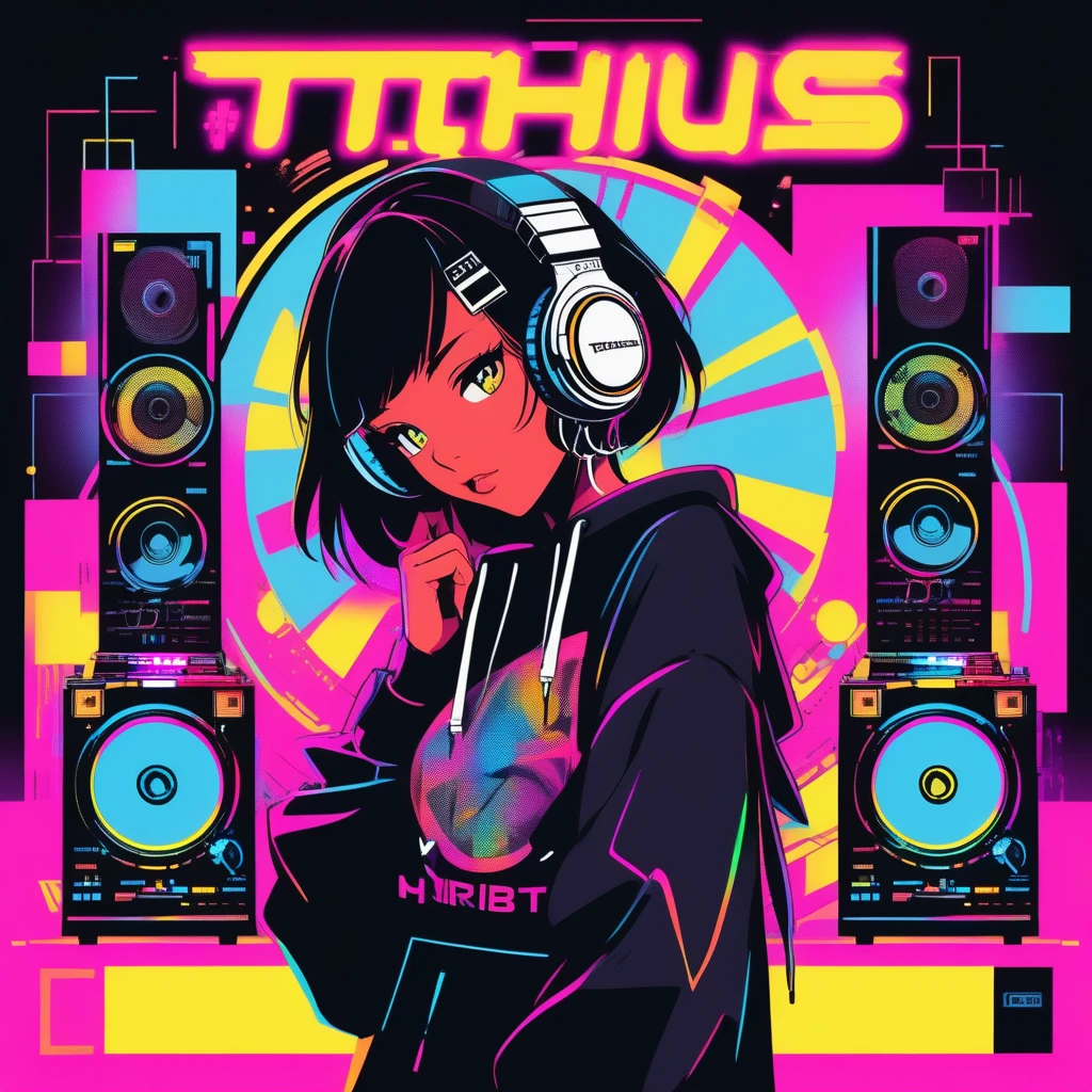 Battle DJ girl in HIPHOP fashion wearing DJ headphones,Front view , Turntablist, DJ Scratch, Two large LED-illuminated speakers on each side, Immerse yourself in a neon-lit environment, In front of her is a music mixer and a turntable.、A record is placed on the turntable,ターンテーブルはTechnics SL-1200MK7, JQBert,