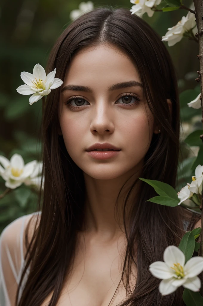 a beautiful naked young spanish woman, 1girl, 90s style, nude woman wearing a transparent plastic coat, in a rainy forest filled with white flowers, detailed face, beautiful detailed eyes, beautiful detailed lips, extremely detailed eyes and face, long eyelashes, high fashion, elegant, refined, graceful, serene, calm, pensive, dreamy, ethereal, whimsical, delicate, soft, feminine, romantic, naturalistic, cinematic lighting, dramatic chiaroscuro, vibrant colors, lush nature, photorealistic, 8k, high quality, masterpiece