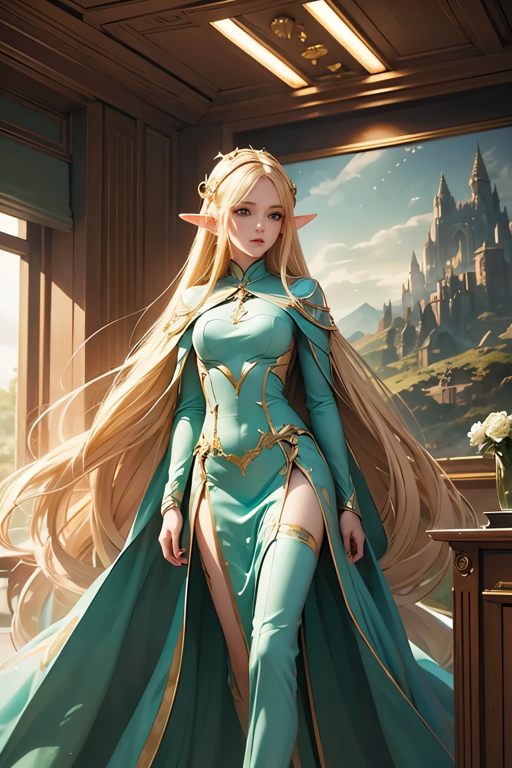 masterpiece,Highest quality,Very detailed,Elf Beautiful Girl,Long blonde hair,Very beautiful and detailed eyes,Thin legs,Long skirt, underweight,Small breasts,Peppermint Green Sci-Fi Suit,Luxurious cape,Sci-fi spaceship interior