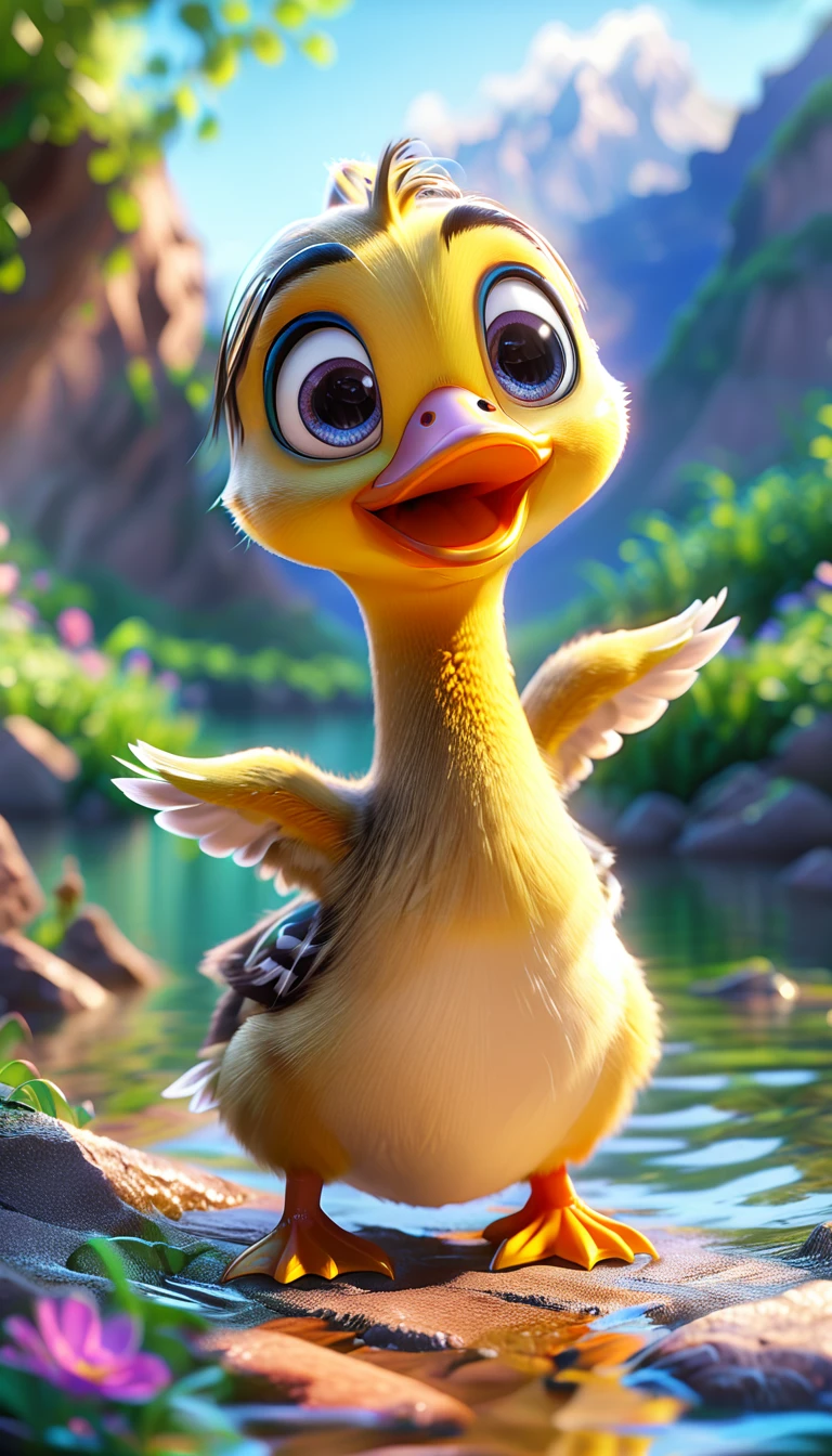 cute tiny duck, cartoon , arms, hands ,cute eyes, looking at viewer, arms up, lake background