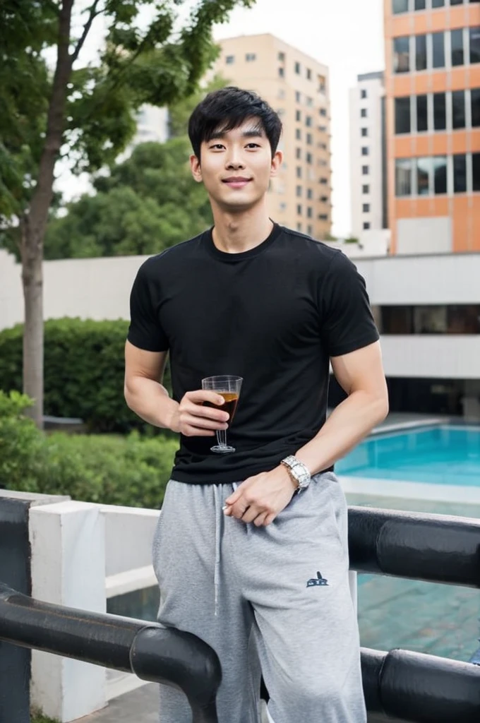 Korean man, Inspiration from Peng Yuyan, 30 years old, 236 years old, Cute Korean Face, 35 yo, 33 year old Korean muscular man，Gym in the background, black t-shirt