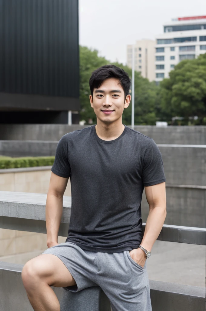 Korean man, Inspiration from Peng Yuyan, 30 years old, 236 years old, Cute Korean Face, 35 yo, 33 year old Korean muscular man，Gym in the background, black t-shirt