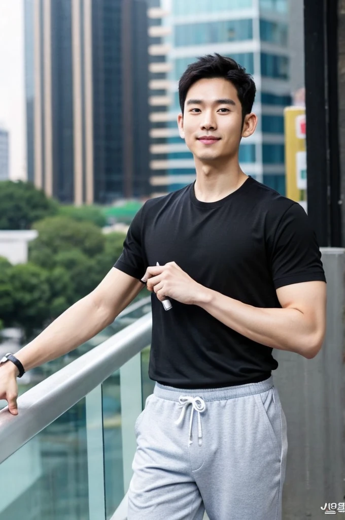 Korean man, Inspiration from Peng Yuyan, 30 years old, 236 years old, Cute Korean Face, 35 yo, 33 year old Korean muscular man,Gym in the background, black t-shirt