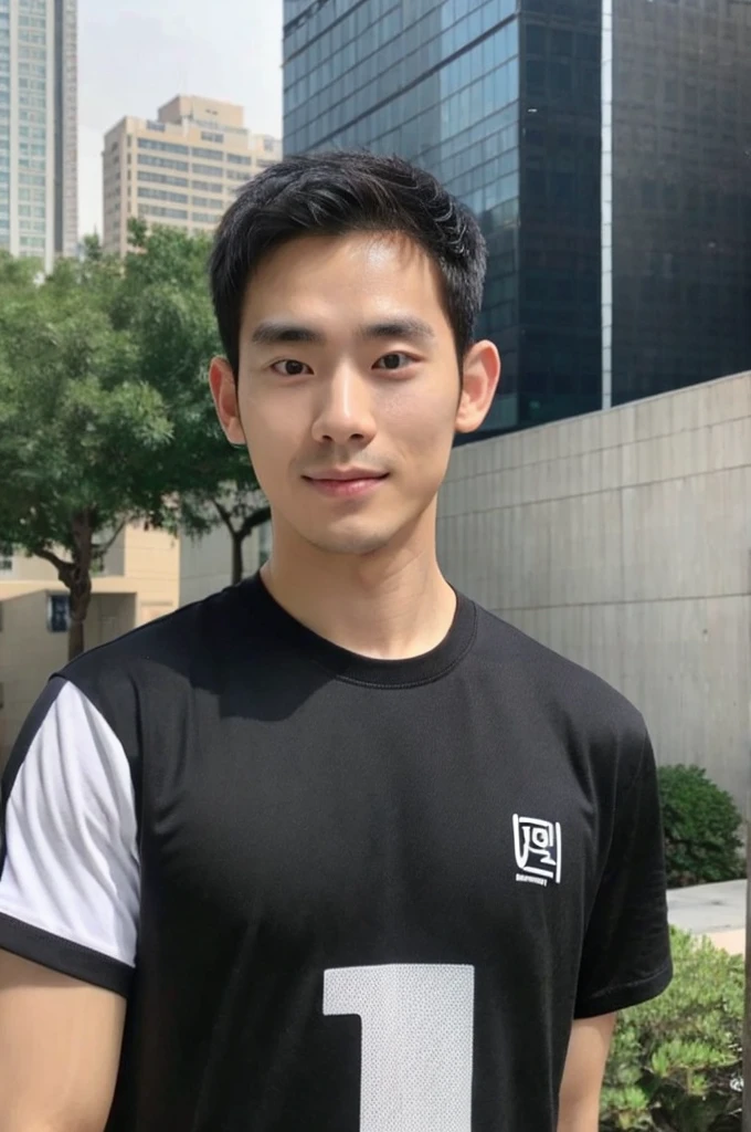 Korean man, Inspiration from Peng Yuyan, 30 years old, 236 years old, Cute Korean Face, 35 yo, 33 year old Korean muscular man,Gym in the background, black t-shirt