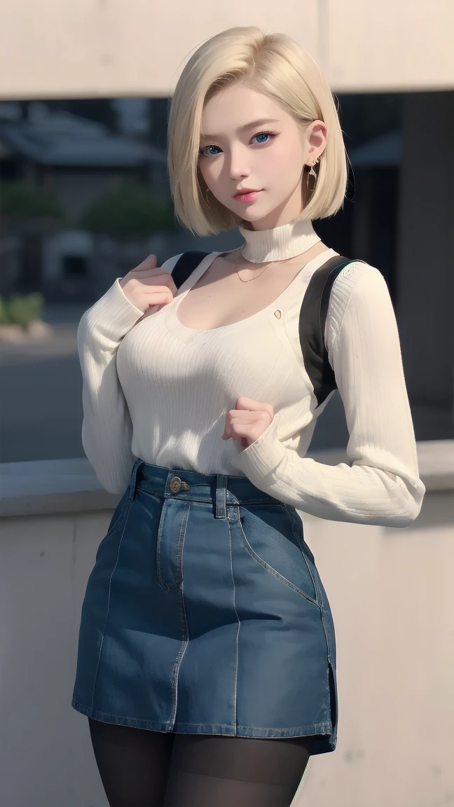 wallpaper,32k,Android 18, Blonde hair, blue eyes, eyelash, earrings, short hair, earrings带,Collar,Sweater vest, shirt, 胸前的pocket, (Pantyhose),handbag,clavicle,Fierce eyes, Pleated Skirt, high waist skirt, Jewelry, Long sleeve, pocket, shirt, ((eternal)), ((Happy and shy)), shirt tucked in 裙子, Japanese Attractions Background