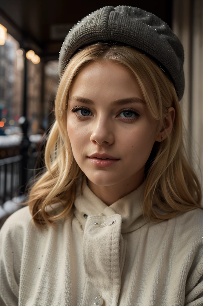 a beautiful blonde woman, detailed eyes, beautiful detailed lips, perfect body proportion, extremely detailed face, long eyelashes, 1girl, with a relaxed and calming air, with steam coming out of her mouth, wearing a cap, a black puffy jacket, photorealistic, cold winter in New york city, cinematic lighting, snow, cozy, warm colors, intricate details, hyper realistic, 8k, masterpiece
