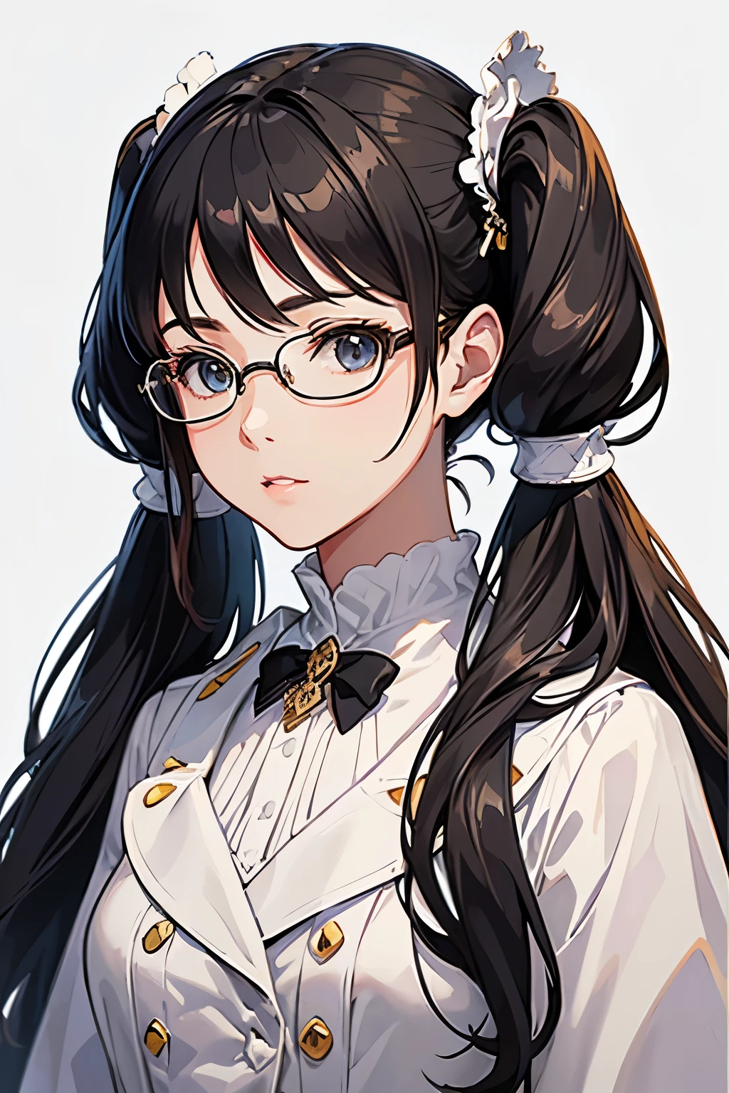 (Highest quality、High resolution、masterpiece)、(Anime Art 4k)、(Realistic)、Portraiture、(((whole body)))、1 person、20-year-old woman、Beautiful Face、 (Exquisite beautiful eyes)、length、Glasses、Black Hair、 ((Twin tails))、 Beautiful Hair、Shiny Hair、Trim your hair、Please comb your hair、Skin Texture、Moisturized Skin、Small 、(Wear a white coat)、Blouse with a simple design、Victorian Scientists、Steampunk Researcher、Cinema Lighting、Realistic lighting、Backlight、Ray Tracing、(White Background)、(No background)、(Sargent-style watercolor)、