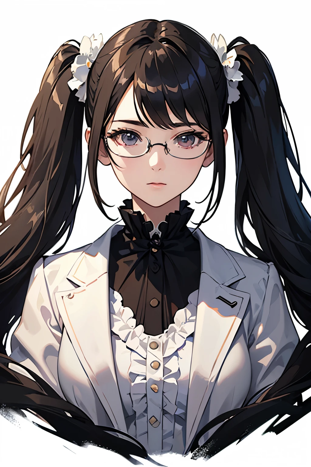 (Highest quality、High resolution、masterpiece)、(Anime Art 4k)、(Realistic)、Portraiture、(((whole body)))、1 person、20-year-old woman、Beautiful Face、 (Exquisite beautiful eyes)、length、Glasses、Black Hair、 ((Twin tails))、 Beautiful Hair、Shiny Hair、Trim your hair、Please comb your hair、Skin Texture、Moisturized Skin、Small breasts、(Wear a white coat)、Blouse with a simple design、Victorian Scientists、Steampunk Researcher、Cinema Lighting、Realistic lighting、Backlight、Ray Tracing、(White Background)、(No background)、(Sargent-style watercolor)、