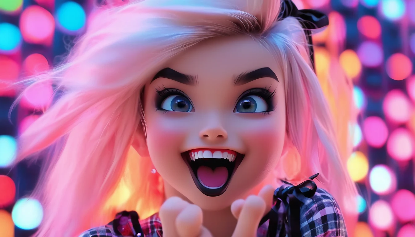 ((Masterpiece)), ((best quality)), (super detail:1.2), (High Definition:1.3), (Professional Photography:1.2), (wide shot), (sharp focus), (perfect light), ((12 years old)), (❤️🖤💗💔), cute young Girl, Glossy unruly hair, (loose blunt bangs), blonde hair with red mesh, (red mesh hair), long hair, big eyes, (long eyelashes), ((jagged teeth)), colorful eyes, (Unfocused eyes), blush, ((sad smile)), open mouth, ribbon belt, joy, (cute Plaid tanktop), barearms, (Thumbs up hand), ((👍️)), (colorful:1.3), gothic makeup, 👄,((against the Colorful pastel wall)), 8K, , gothic artstyle,