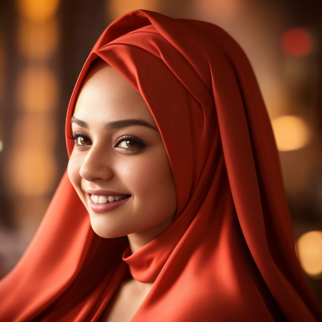 a gorgeous busty woman, hijab, first night, beautiful detailed smile, beautiful detailed teeth, POV, lover, cinematic dramatic lighting, (best quality,4k,8k,highres,masterpiece:1.2),ultra-detailed,(realistic,photorealistic,photo-realistic:1.37),HDR,UHD,studio lighting,ultra-fine painting,sharp focus,physically-based rendering,extreme detail description,professional,vivid colors,bokeh,portrait,photorealistic,cinematic