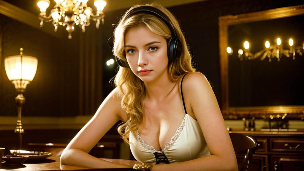 Black Elegant、Beautiful blonde with big breasts in a blouse (Western-style mansion at midnight、dining room),Wearing headphones,Very detailed, 21 years old, Innocent face, Naturally Wavy Hair, blue eyes, High resolution, masterpiece, Highest quality, Intricate details, Very detailed, Clear focus, Delicate skin, practical skin texture, texture, Delicate eyes, Professional, 4K, Sad face,despair、 Shot with Canon, 85mm, Shallow and deep,  Kodak Vision Color, Exactly, Very detailed, photograph_\(Extremist\), photographpractical, practical, Post-processing, Maximum details, Roughness, Real Life, Extremist practical, Photorealism, photographgraphy, 8K Ultra HD, photographgraphy