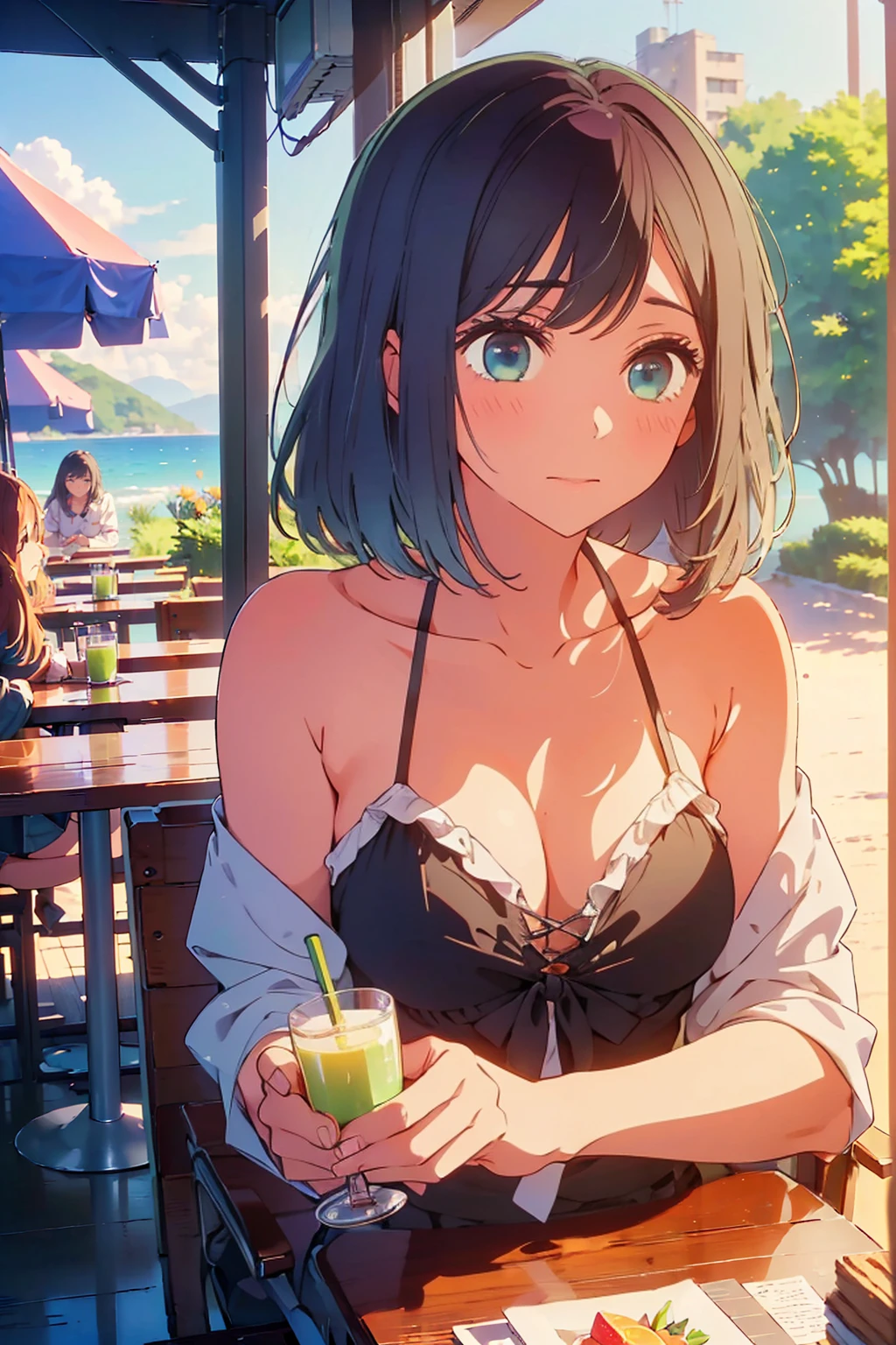 (Highest quality:1.4、masterpiece:1.4、Super detailed:1.4、8K:1.4)、F cup bust、Big Breasts、Slim body、((((1 person、Surprised expression、sit、Outdoor café terrace、coastal、juice、table、Sandy Beach、bikini、juiceのグラスを持つ、Big eyes、Shallow depth of field、Very cute face))))、sunset、Sunset、Get up close and take a photo