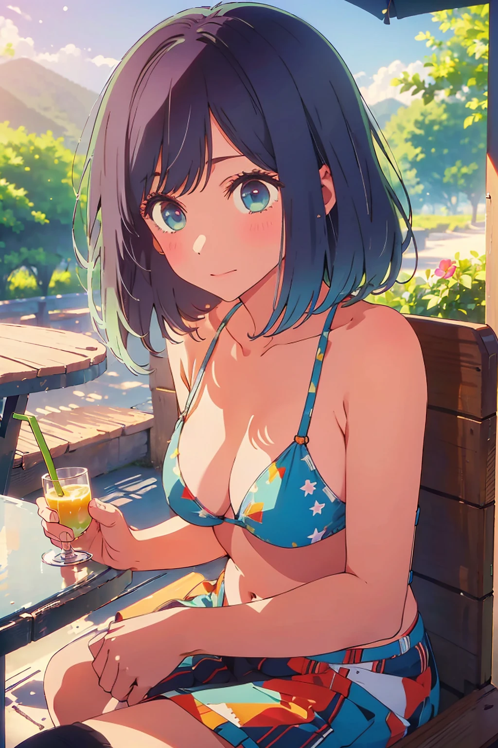 (Highest quality:1.4、masterpiece:1.4、Super detailed:1.4、8K:1.4)、F cup bust、Big Breasts、Slim body、((((1 person、Surprised expression、sit、Outdoor café terrace、coastal、juice、table、Sandy Beach、bikini、juiceのグラスを持つ、Big eyes、Shallow depth of field、Very cute face))))、sunset、Sunset、Get up close and take a photo
