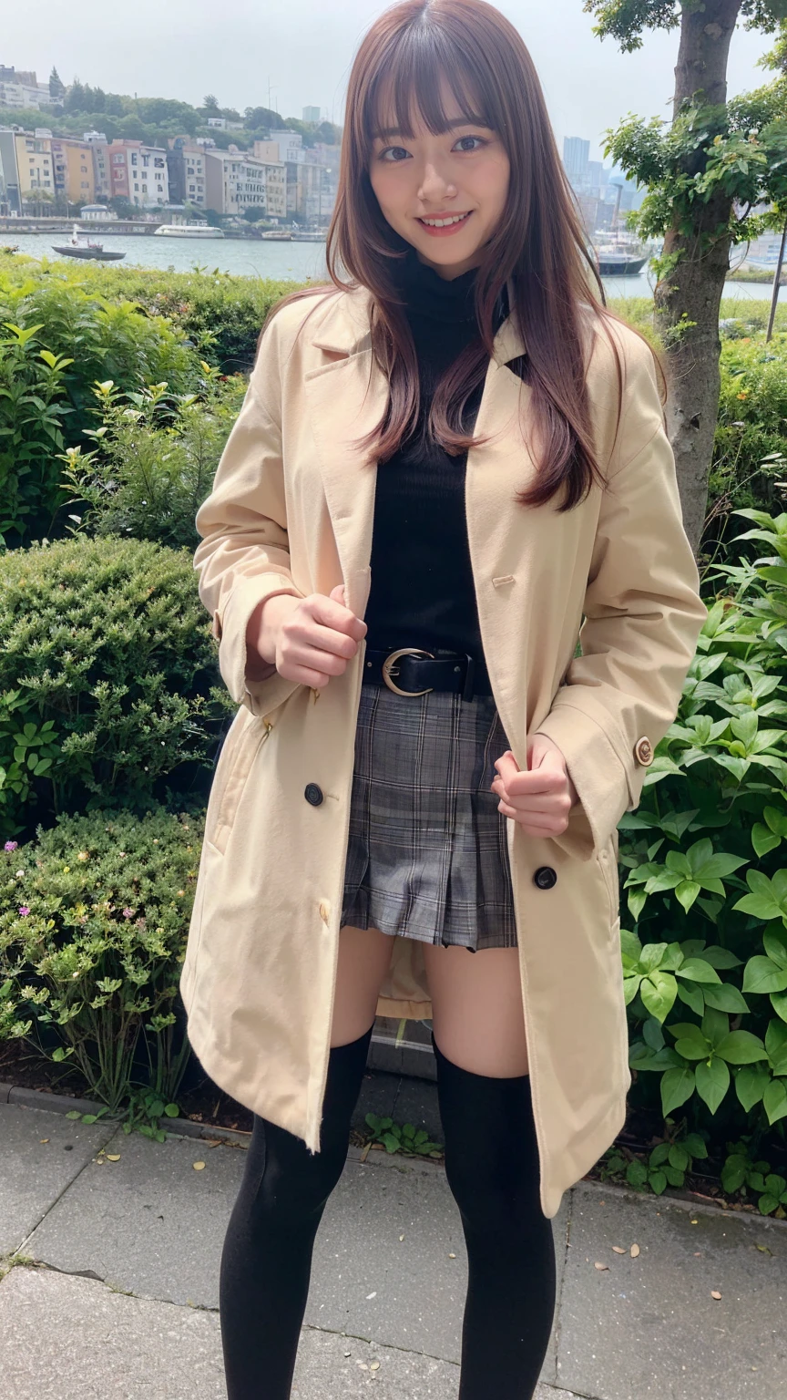 (8K、RAW Photos、Highest quality、masterpiece:1.2)、(Realistic、Realistic)、1 Girl、((Check mini skirt、Long coat、Medium Hair、Thin legs、whole body、boots、Black coat、one piece、tights、garden、View from the front、smile、Looking into the camera、belt、Stand with hands on hips))、cute
