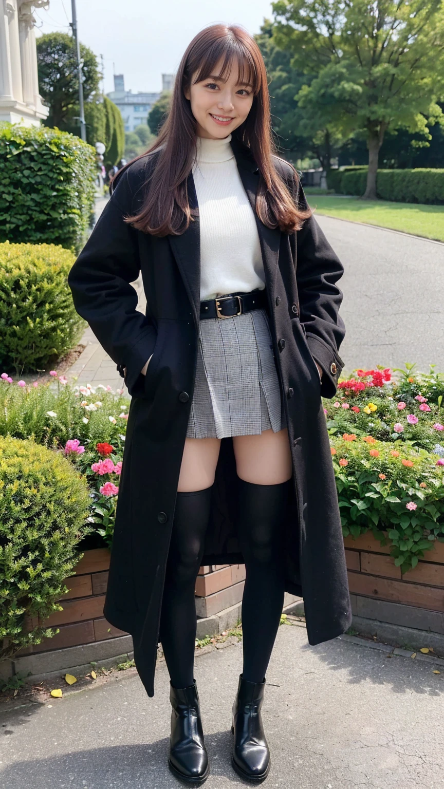(8K、RAW Photos、Highest quality、masterpiece:1.2)、(Realistic、Realistic)、1 Girl、((Check mini skirt、Long coat、Medium Hair、Thin legs、whole body、boots、Black coat、one piece、tights、garden、View from the front、smile、Looking into the camera、belt、Stand with hands on hips))、cute