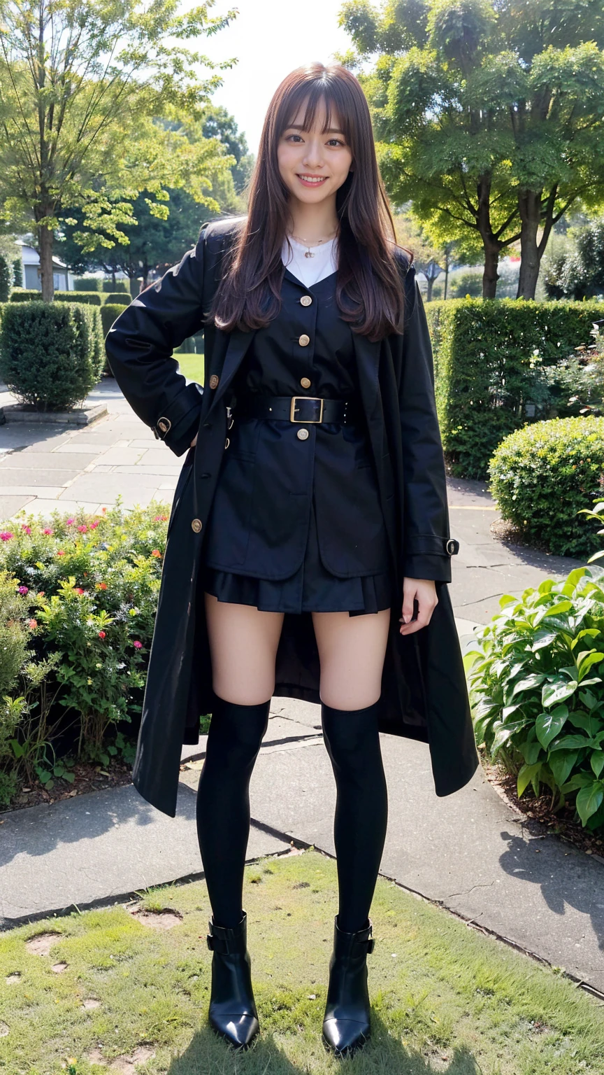 (8K、RAW Photos、Highest quality、masterpiece:1.2)、(Realistic、Realistic)、1 Girl、((Check mini skirt、Long coat、Medium Hair、Thin legs、whole body、boots、Black coat、one piece、tights、garden、View from the front、smile、Looking into the camera、belt、Stand with hands on hips))、cute