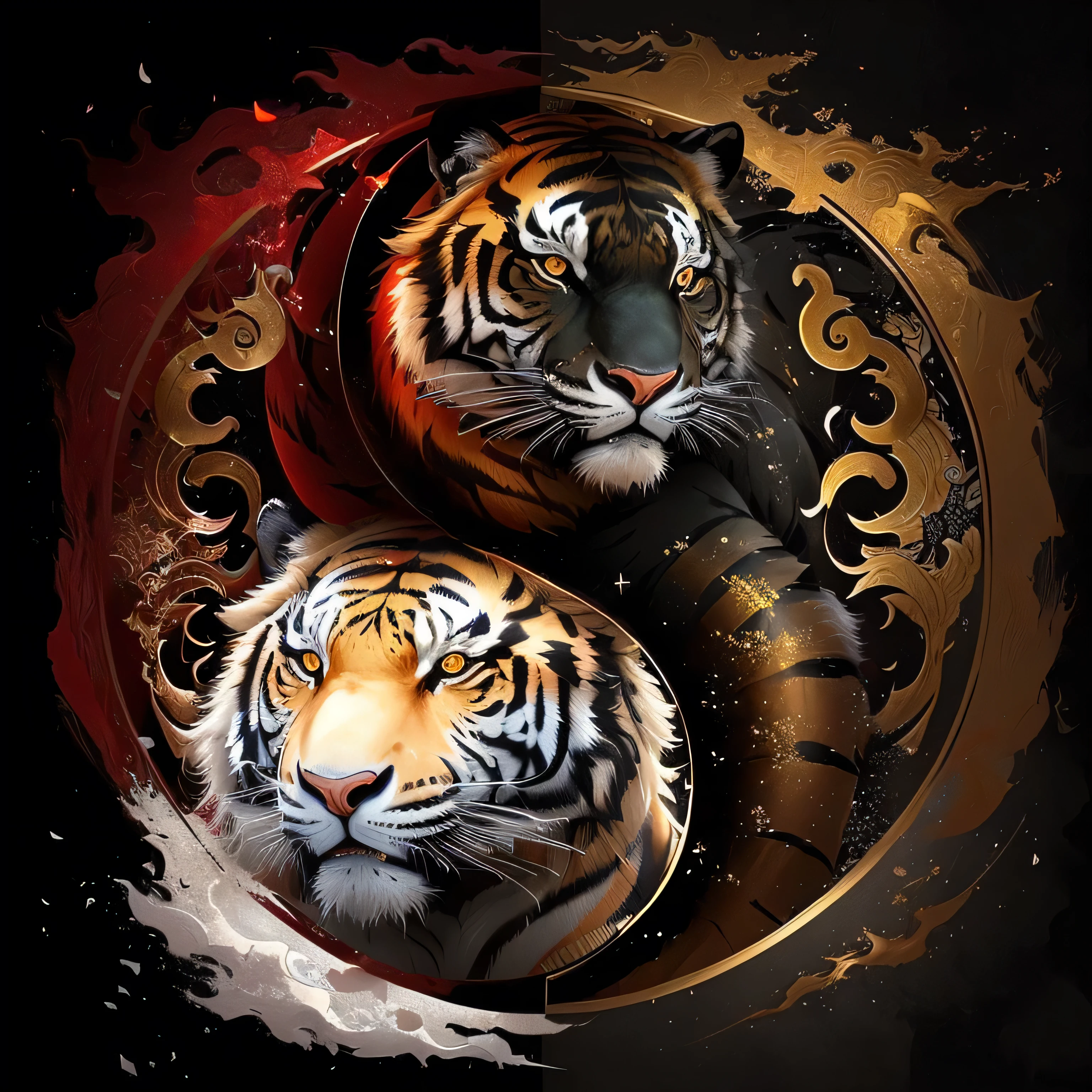 yin tiger and tiger head with gold and red paint, yin and yang, sacred tiger, tigers, yin yang, Sakimi, User Photos, tiger_beast, detailed beautiful animals, Beautiful Art, half tiger, Gorgeous Art, tiger, nature, cosmic tiger, author：Travel in Kana, User Photosture, Inspired by Wu Wei