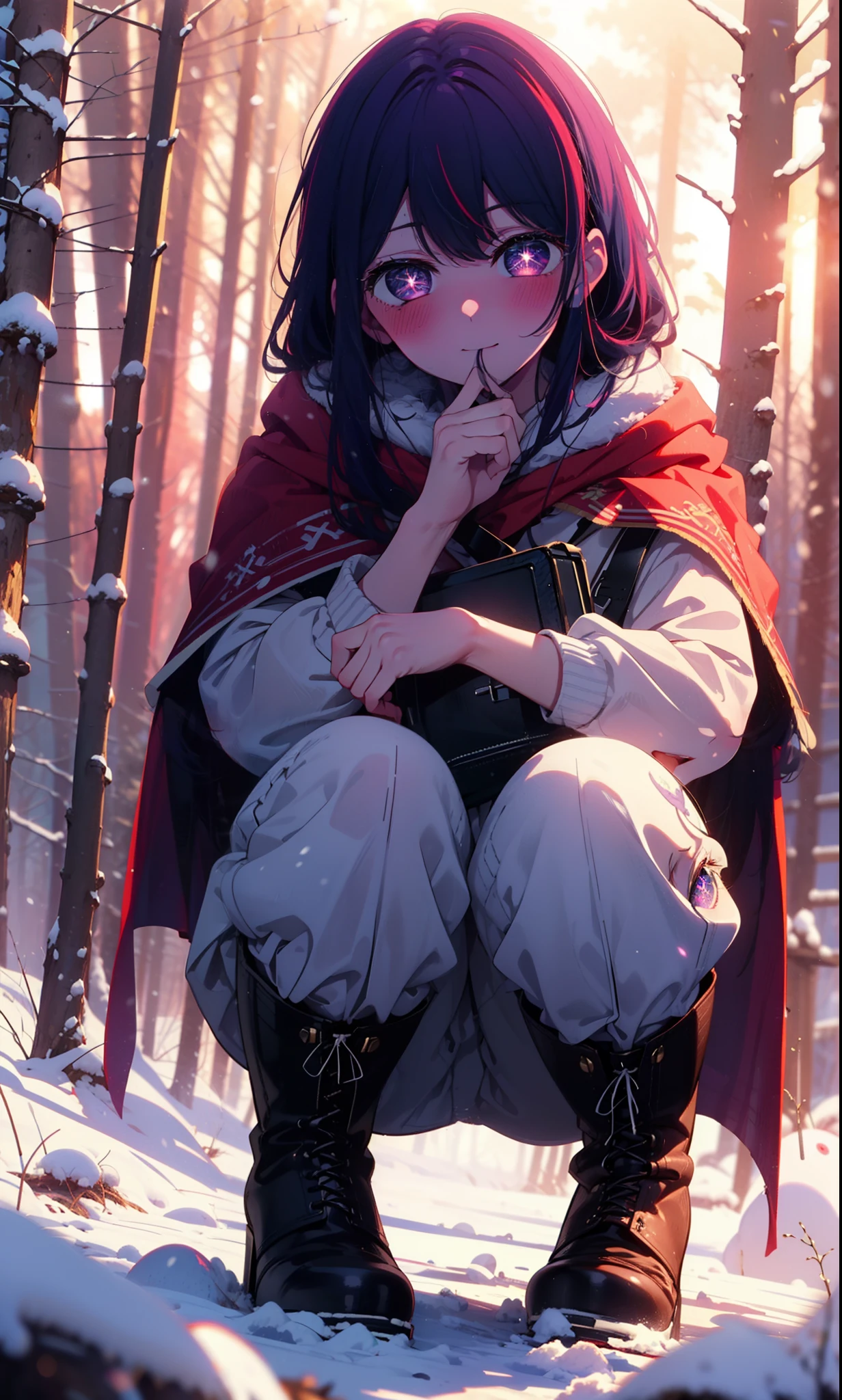 aihoshino, Ai Hoshino, Long Hair, bangs, (Purple eyes:1.1), Purple Hair, (Symbol-shaped pupil:1.5), smile,,smile,blush,White Breath,
Open your mouth,snow,Ground bonfire, Outdoor, boots, snowing, From the side, wood, suitcase, Cape, Blurred, , forest, White handbag, nature,  Squat, Mouth closed, Cape, winter, Written boundary depth, Black shoes, red Cape break looking at viewer, Upper Body, whole body, break Outdoor, forest, nature, break (masterpiece:1.2), Highest quality, High resolution, unity 8k wallpaper, (shape:0.8), (Beautiful and beautiful eyes:1.6), Highly detailed face, Perfect lighting, Extremely detailed CG, (Perfect hands, Perfect Anatomy),
