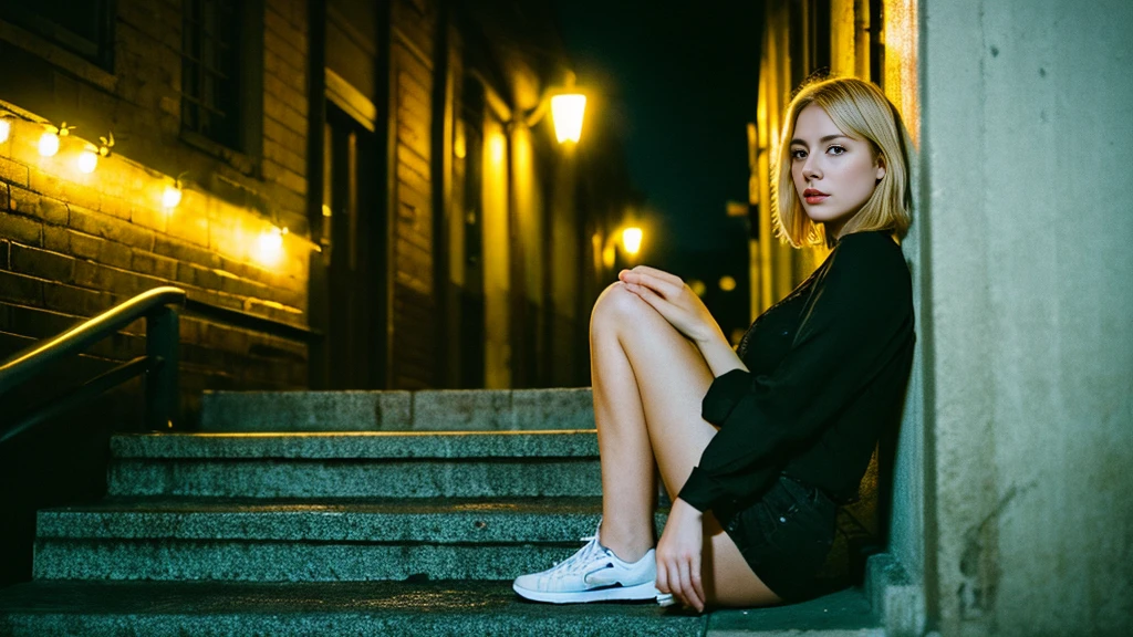 Beautiful blonde with big breasts in black mode casual (Stairs of a Western-style building late at night、sit),Wearing headphones,Very detailed, 21 years old, Innocent face, Bob Hair, blue eyes, High resolution, masterpiece, Highest quality, Intricate details, Very detailed, Clear focus, Delicate skin, practical skin texture, texture, Delicate eyes, Professional, 4K, Sad face,despair、 Shot with Canon, 85mm, Shallow and deep,  Kodak Vision Color, Exactly, Very detailed, photograph_\(Extremist\), photographpractical, practical, Post-processing, Maximum details, Roughness, Real Life, Extremist practical, Photorealism, photographgraphy, 8K Ultra HD, photographgraphy