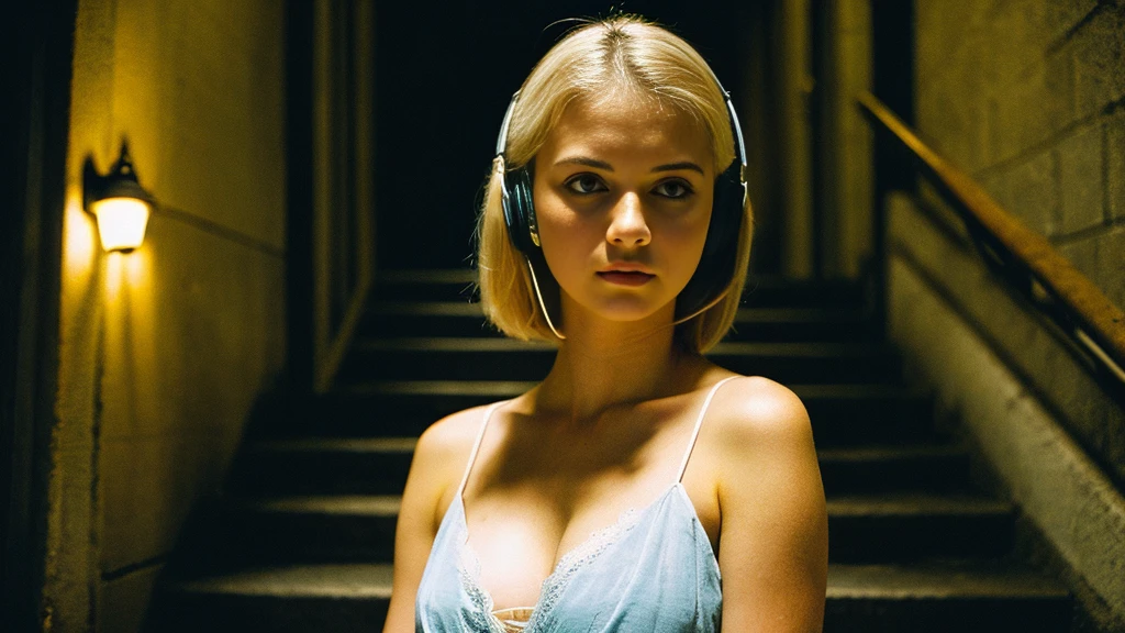 Beautiful blonde with big breasts in black mode casual (Stairs of a Western-style building late at night、sit),Wearing headphones,Very detailed, 21 years old, Innocent face, Bob Hair, blue eyes, High resolution, masterpiece, Highest quality, Intricate details, Very detailed, Clear focus, Delicate skin, practical skin texture, texture, Delicate eyes, Professional, 4K, Sad face,despair、 Shot with Canon, 85mm, Shallow and deep,  Kodak Vision Color, Exactly, Very detailed, photograph_\(Extremist\), photographpractical, practical, Post-processing, Maximum details, Roughness, Real Life, Extremist practical, Photorealism, photographgraphy, 8K Ultra HD, photographgraphy