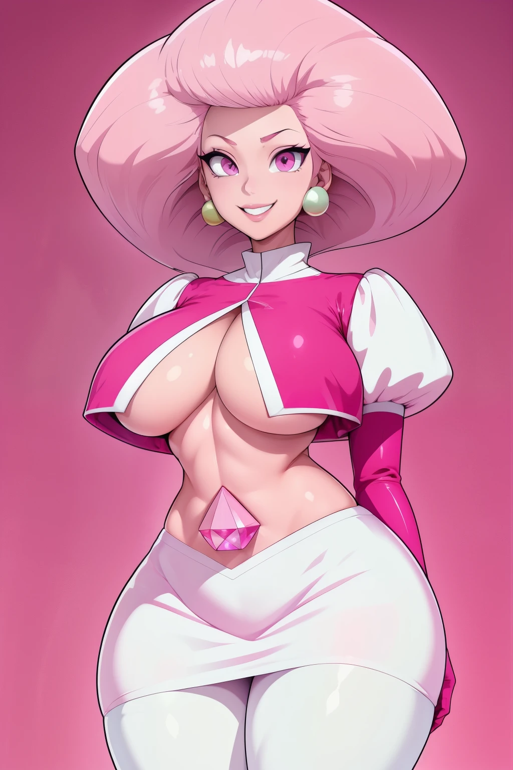 pnkdamond, pink hair, pink eyes, long hair, stomach gem, pink skin, toned,
puffy short sleeves, elbow gloves , white thighs, Puffy dress,
standing, Upper part of the body,
outer space,
(incredibly detailed, beautiful detailed face,Beautiful detailed eyes, Masterpiece, Best Quality) cinematic lighting, SMILE,