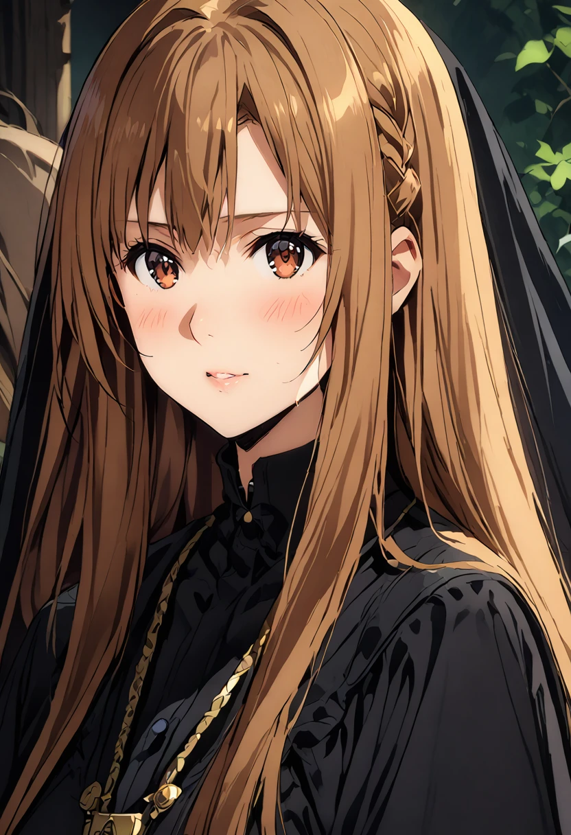 Highest quality、Super detailed、High resolution illustrations、Ultra-high-definition CG、８k size wallpaper、Production Art、Light novel illustrations、asuna yuuki, long hair, bangs, brown hair, brown eyes, very long hair, braid, Nun costume