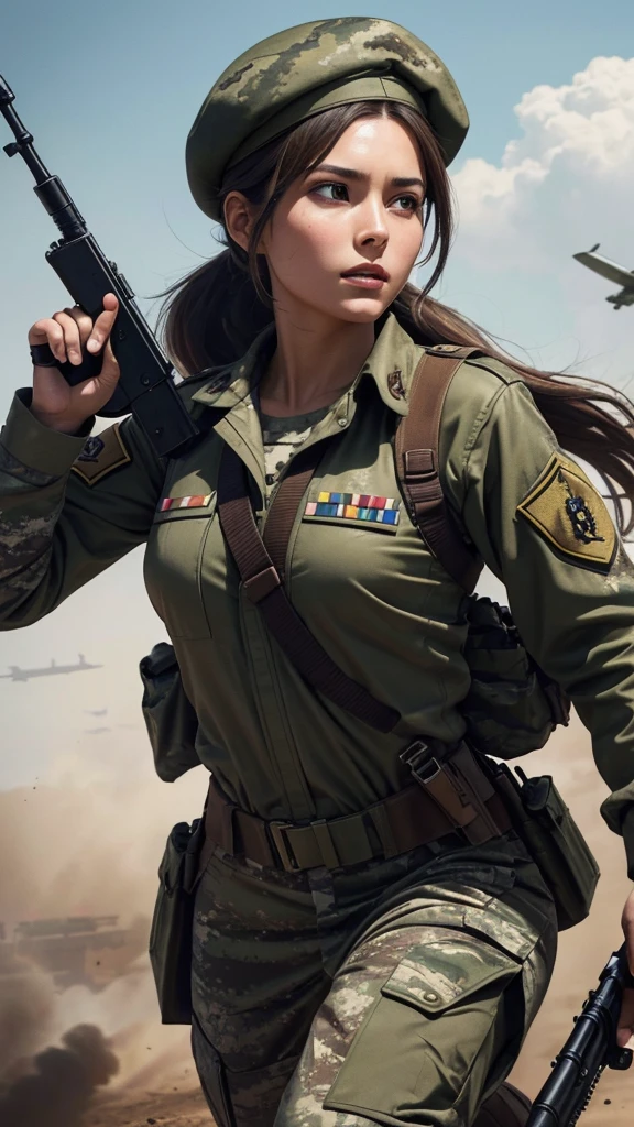 “Wallpaper featuring a glamorous woman in camouflage uniform and beret, with long brown hair tied back. Her face is dirty, and she is holding a machine gun with both hands, running through a battlefield. The background includes a tank, with fighter jets flying in the sky. The image should be highly detailed and cinematic.”