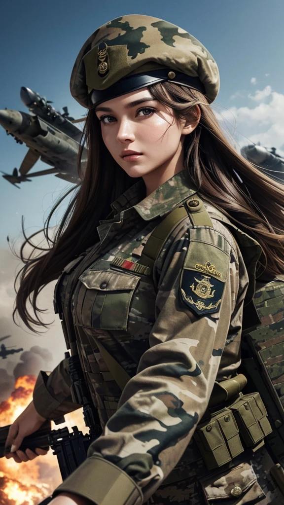 “Wallpaper featuring a glamorous woman in camouflage uniform and beret, with long brown hair tied back. Her face is dirty, and she is holding a machine gun with both hands, running through a battlefield. The background includes a tank, with fighter jets flying in the sky. The image should be highly detailed and cinematic.”
