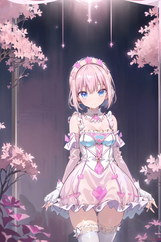 1girl,solo,(standard height),(cowboy shot),standing,(pink hair:1.6),(short hair:1.2),(tiara:1.2),(blue eyes:1.2),(beautiful fingers:1.6),(perfect anatomy:1.4),(arms_behind_back:1.6),(cold_shoulder:1.2),BREAK,(pink nurse uniform:1.6),(lace glossy silk lamé:1.6),(latex luster shiny glossy:1.6),(shiny_clothes:1.6),medium breasts,beautiful breasts,(masterpiece:1.4),(best quality:1.4),(Ultra high definition eyes:1.2),8k,(Beautiful detailed eyes:1.2),(Fine and beautiful eyes:1.2),(pretty eyes:1.2),finely detail,extremely CG, absurdres,high resolution,illustration,Detailed and beautiful outlines,finely detail,high resolution,(colorful refraction:1.4,Increase saturation:1.2),beautiful lighting,dynamic lighting,closed room,black background,simple background, smile,looking at viewer,animemia,pink glove,(white Clear PVC sheets sleeves:1.6),(sheer sleeves:1.6),(see-through sleeves:1.6),(wide sleeves:1.4),(pink thigh boost:1.4)