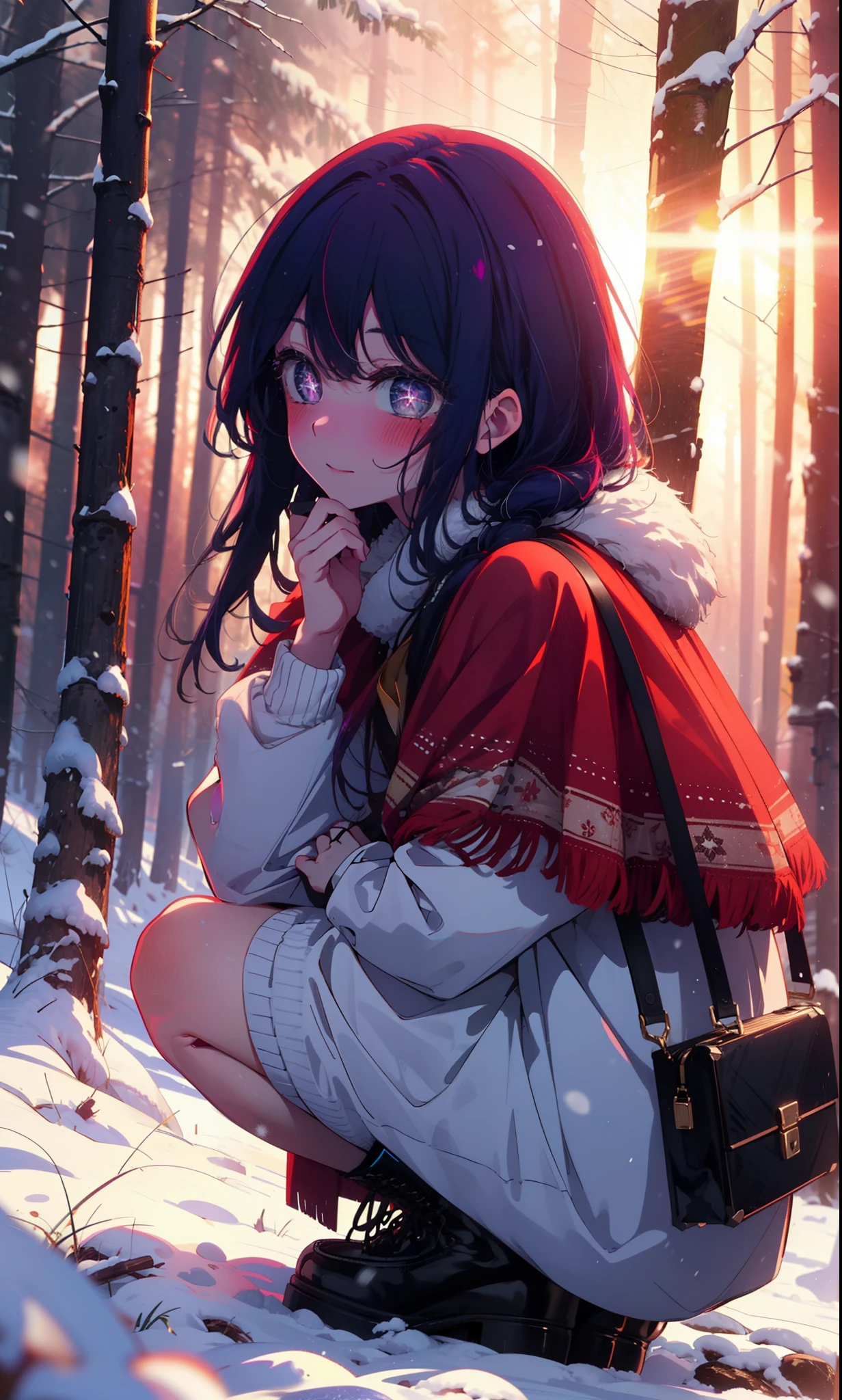 aihoshino, Ai Hoshino, Long Hair, bangs, (Purple eyes:1.1), Purple Hair, (Symbol-shaped pupil:1.5), smile,,smile,blush,White Breath,
Open your mouth,snow,Ground bonfire, Outdoor, boots, snowing, From the side, wood, suitcase, Cape, Blurred, , forest, White handbag, nature, Squat, Mouth closed, Cape, winter, Written boundary depth, Black shoes, red Cape break looking at viewer, Upper Body, whole body, break Outdoor, forest, nature, break (masterpiece:1.2), Highest quality, High resolution, unity 8k wallpaper, (shape:0.8), (Beautiful and beautiful eyes:1.6), Highly detailed face, Perfect lighting, Extremely detailed CG, (Perfect hands, Perfect Anatomy),