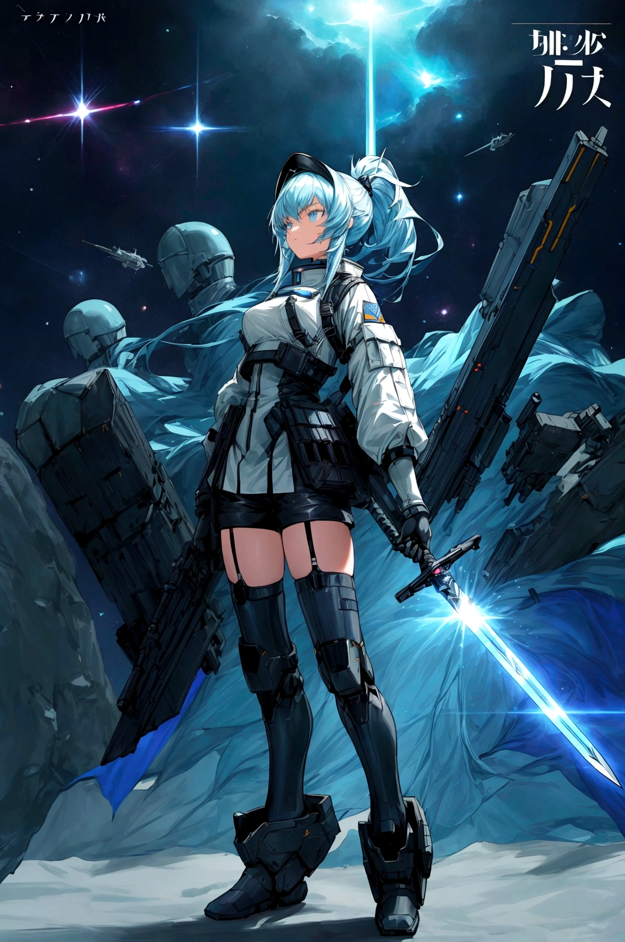 ((science fiction space fantasy)), A badass tall woman, an art of a female character standing amidst a galactic battlefront, (A female commander), ((a leader of a fleet of intergalactic armies)), White high ponytail with a glowing light blue highlights at the ends, Wielding a sword with deep blue aura, the mystical blade in her hand emitting a bright contrast blue light with a ray of energy, a futuristic intergalactic military uniform, Wearing Black shorts exposing the thighs, with a captain hat, a long simple dark boots. A masterpiece illustration, a light novel cover, best quality, best detail(Light novel illustrations), Arknights style, masterpiece, high quality, detailed.