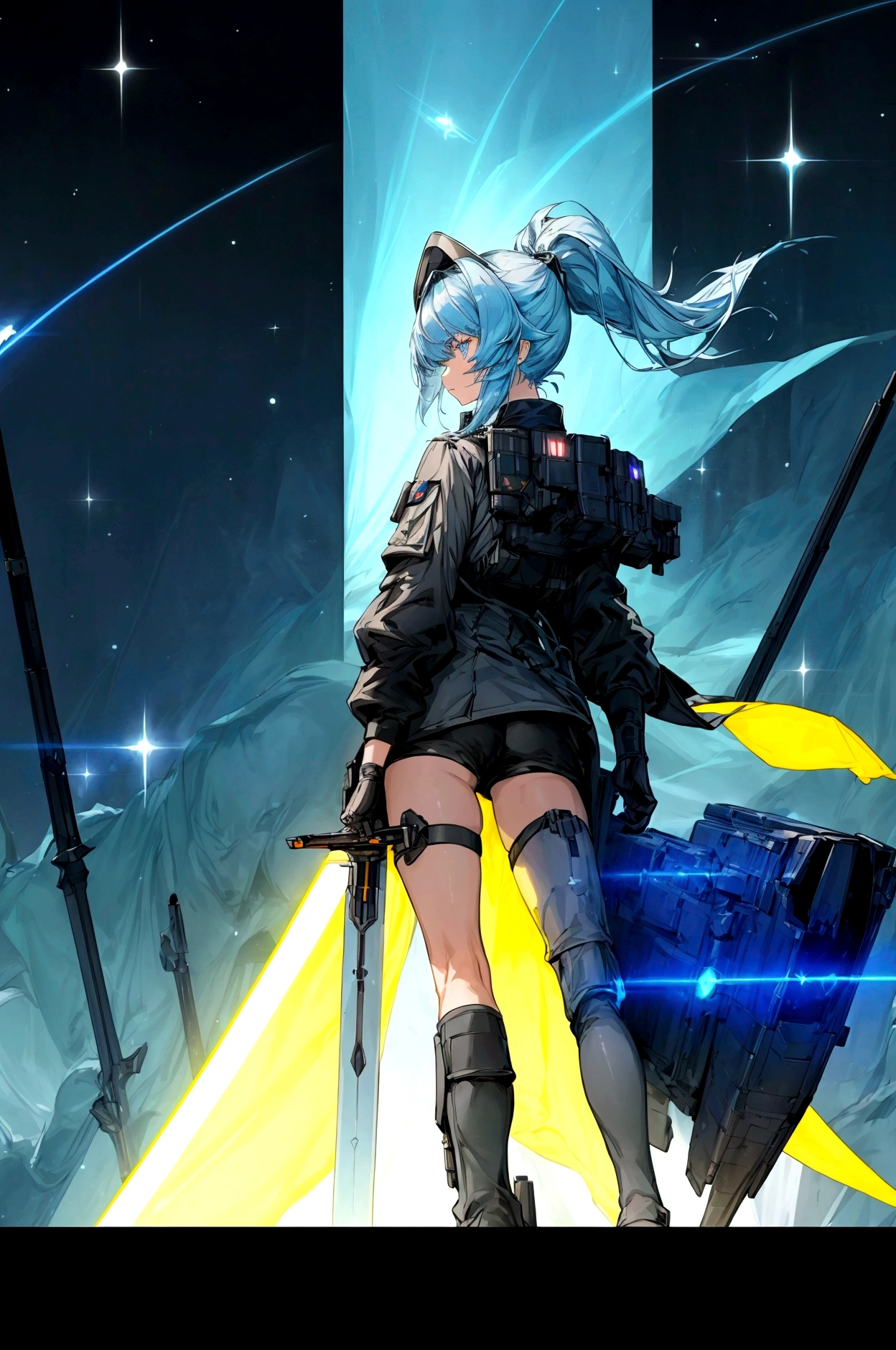 ((science fiction space fantasy)), A badass tall woman, an art of a female character standing amidst a galactic battlefront, (A female commander), ((a leader of a fleet of intergalactic armies)), White high ponytail with a glowing light blue highlights at the ends, Wielding a sword with deep blue aura, the mystical blade in her hand emitting a bright contrast blue light with a ray of energy, a futuristic intergalactic military uniform, Wearing Black shorts exposing the thighs, with a captain hat, a long simple dark boots. A masterpiece illustration, a light novel cover, best quality, best detail(Light novel illustrations), Arknights style, masterpiece, high quality, detailed.