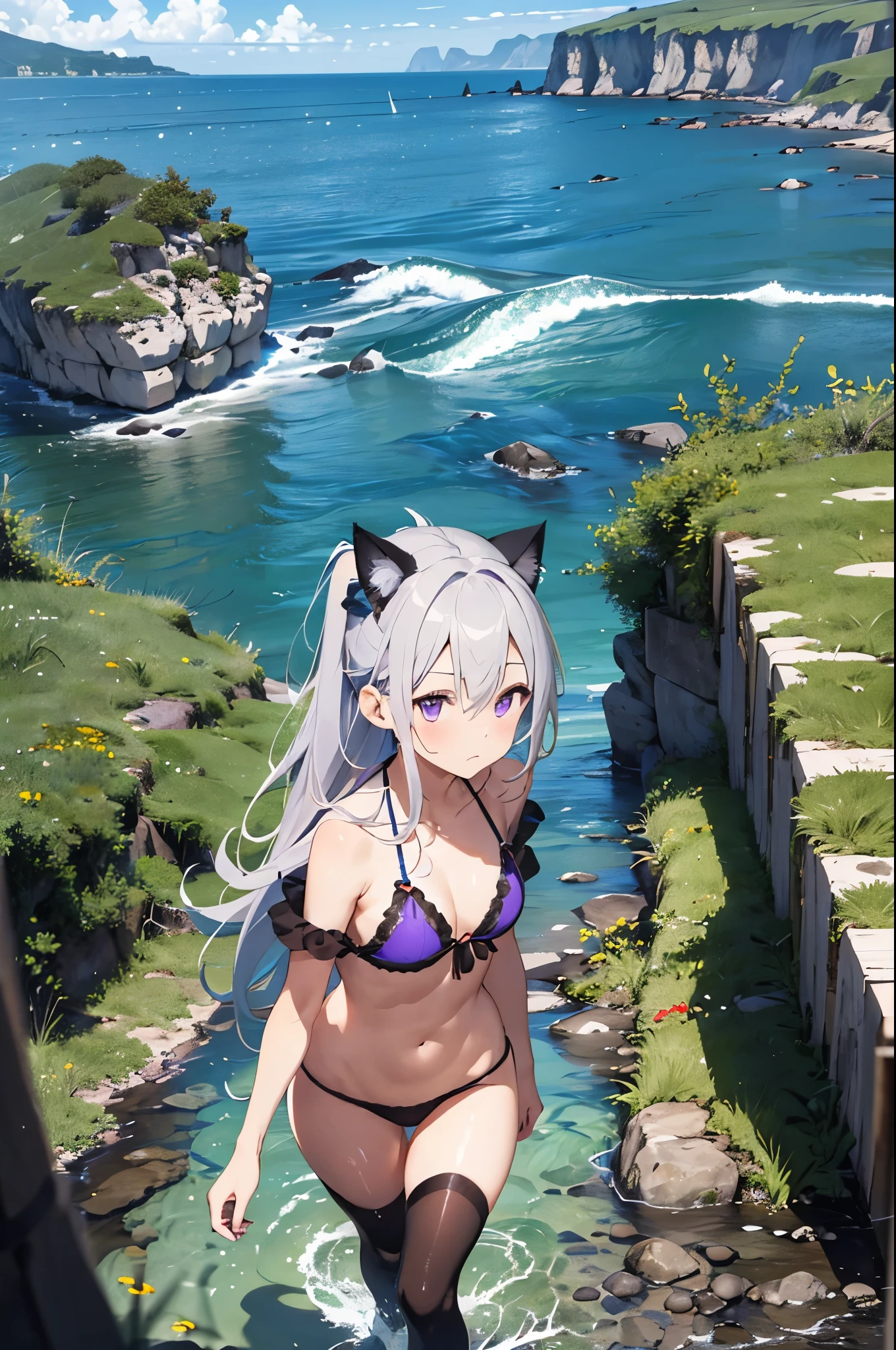 Movie angle, Depth of written boundary, (Looking at the audience), (right foreground: 1), (Standing photo: 1),
Cat ear girl, (alone),Blue Hair,(White skin:1), (Curvaceous:1.2), (Wide Hips:1.1), Cat ear girl,
(Beautiful Coast Background), (Coast Background: 1.4), (Coast Background: 1.4),
(Red clothes), (Bare shoulders, Red Micro Bikini), (Thong Panties: 1.2), Thigh-high boots,
(ponytail, Hair between the eyes), (Silver Hair), (Purple eyes), (Flat Chest: 1.2),
Expressionless, Stunned, sleepy,
Wakame seaweed, Wakame seaweed, Wakame seaweed, Wakame seaweed, Wakame seaweed, Wakame seaweed, Wakame seaweed, Wakame seaweed