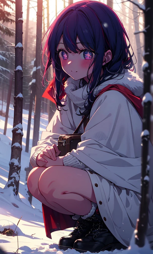aihoshino, Ai Hoshino, Long Hair, bangs, (Purple eyes:1.1), Purple Hair, (Symbol-shaped pupil:1.5), smile,,smile,blush,White Breath,
Open your mouth,snow,Ground bonfire, Outdoor, boots, snowing, From the side, wood, suitcase, Cape, Blurred, , forest, White handbag, nature,  Squat, Mouth closed, Cape, winter, Written boundary depth, Black shoes, red Cape break looking at viewer, Upper Body, whole body, break Outdoor, forest, nature, break (masterpiece:1.2), Highest quality, High resolution, unity 8k wallpaper, (shape:0.8), (Beautiful and beautiful eyes:1.6), Highly detailed face, Perfect lighting, Extremely detailed CG, (Perfect hands, Perfect Anatomy),