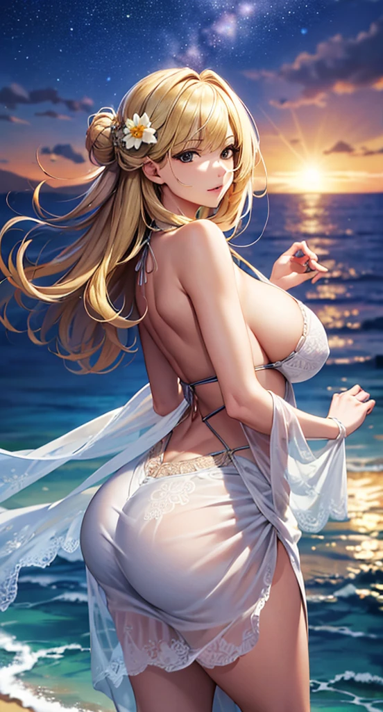 masterpiece, high quality, 4K, Beautiful design, silhouette,blonde, Highly detailed night starry sky,Flower Field, wonderful, Finer details, Very knowledgeable woman, Highly detailed solo, 1 female,Big Breasts,Big Ass,Underwear Line,White color dress,sun,Beach,Ocean,beach,